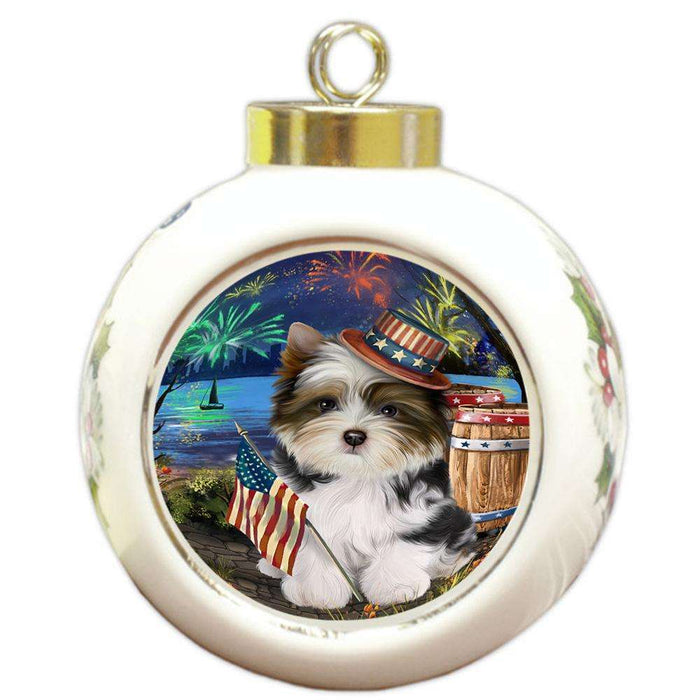 4th of July Independence Day Fireworks Biewer Terrier Dog at the Lake Round Ball Christmas Ornament RBPOR51097