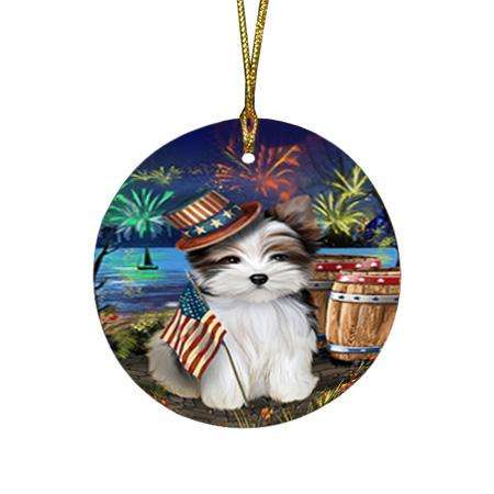 4th of July Independence Day Fireworks Biewer Terrier Dog at the Lake Round Flat Christmas Ornament RFPOR51085