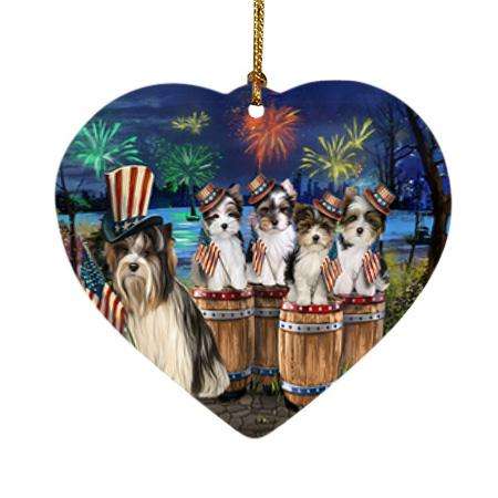 4th of July Independence Day Fireworks Biewer Terriers at the Lake Heart Christmas Ornament HPOR51015