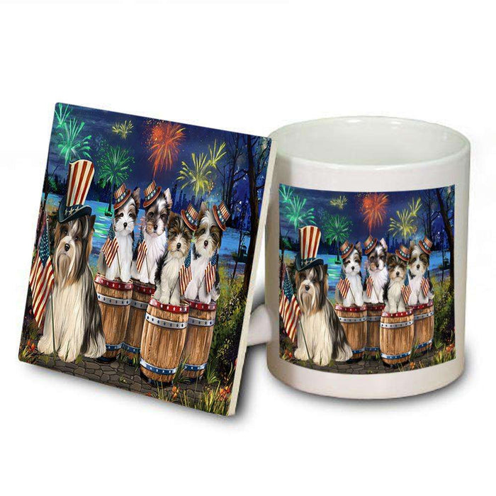 4th of July Independence Day Fireworks Biewer Terriers at the Lake Mug and Coaster Set MUC51007