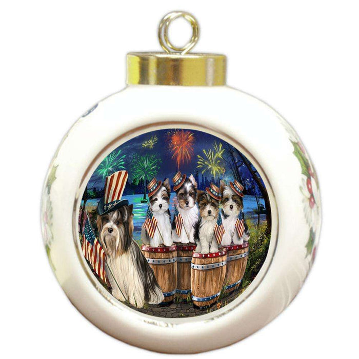 4th of July Independence Day Fireworks Biewer Terriers at the Lake Round Ball Christmas Ornament RBPOR51015