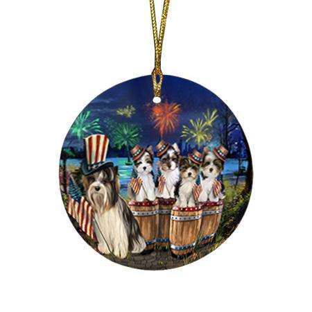 4th of July Independence Day Fireworks Biewer Terriers at the Lake Round Flat Christmas Ornament RFPOR51006