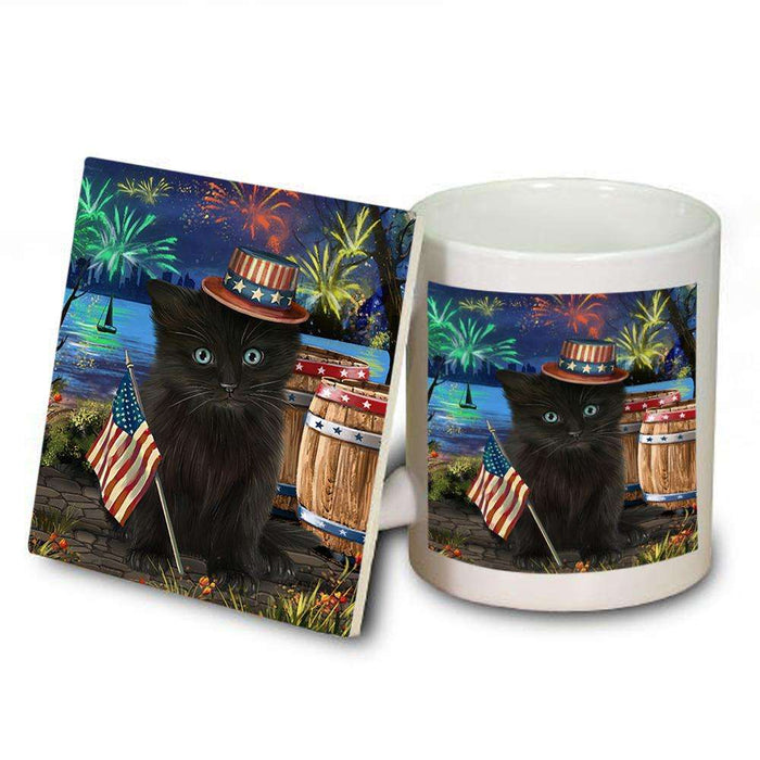 4th of July Independence Day Fireworks Black Cat at the Lake Mug and Coaster Set MUC51091