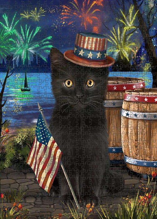 4th of July Independence Day Fireworks Black Cat at the Lake Puzzle with Photo Tin PUZL57162