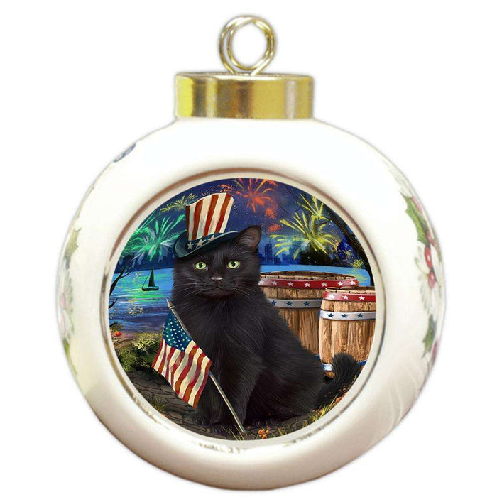 4th of July Independence Day Fireworks Black Cat at the Lake Round Ball Christmas Ornament RBPOR51098