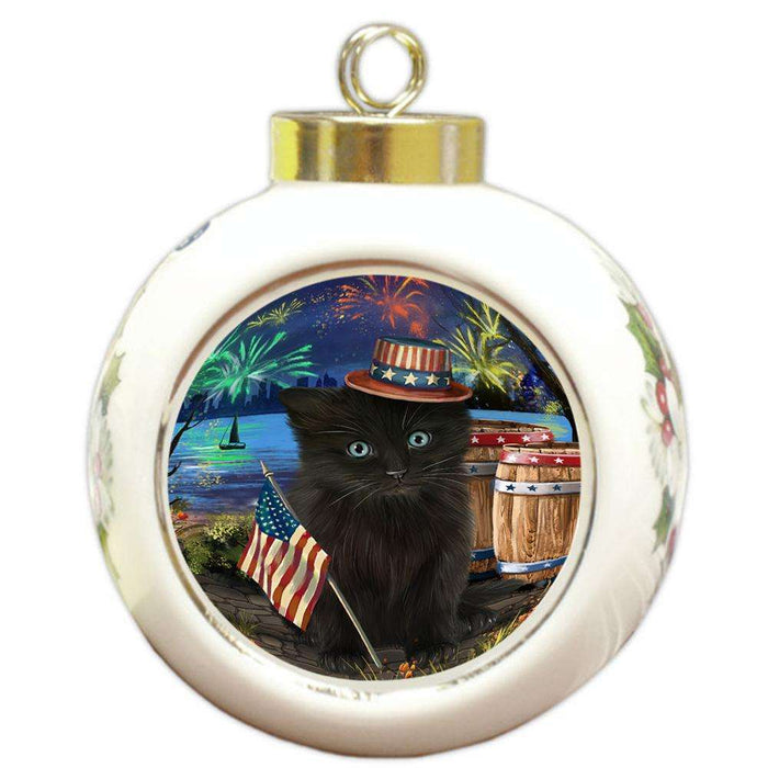 4th of July Independence Day Fireworks Black Cat at the Lake Round Ball Christmas Ornament RBPOR51099