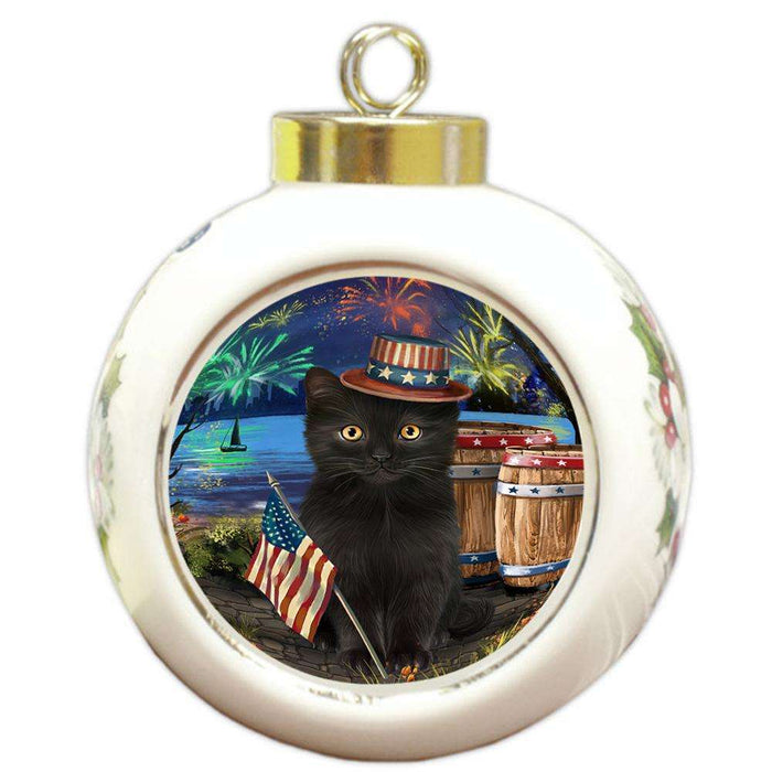 4th of July Independence Day Fireworks Black Cat at the Lake Round Ball Christmas Ornament RBPOR51100