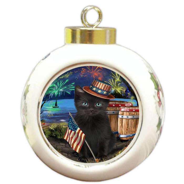 4th of July Independence Day Fireworks Black Cat at the Lake Round Ball Christmas Ornament RBPOR51102