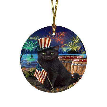 4th of July Independence Day Fireworks Black Cat at the Lake Round Flat Christmas Ornament RFPOR51089