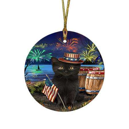 4th of July Independence Day Fireworks Black Cat at the Lake Round Flat Christmas Ornament RFPOR51091
