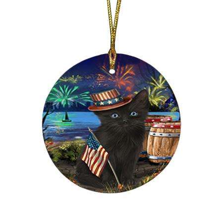 4th of July Independence Day Fireworks Black Cat at the Lake Round Flat Christmas Ornament RFPOR51092