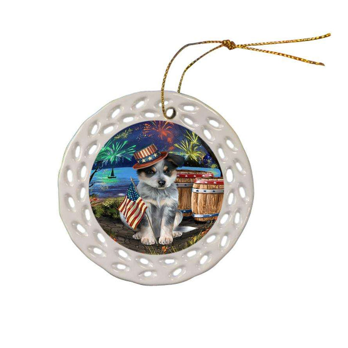 4th of July Independence Day Fireworks Blue Heeler Dog at the Lake Ceramic Doily Ornament DPOR51105