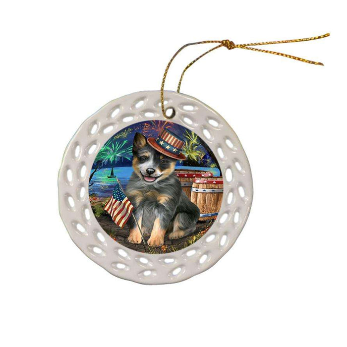 4th of July Independence Day Fireworks Blue Heeler Dog at the Lake Ceramic Doily Ornament DPOR51106