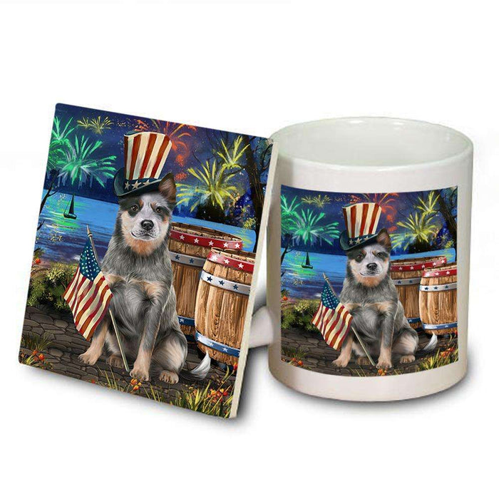 4th of July Independence Day Fireworks Blue Heeler Dog at the Lake Mug and Coaster Set MUC51095