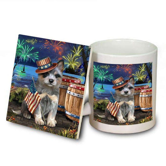 4th of July Independence Day Fireworks Blue Heeler Dog at the Lake Mug and Coaster Set MUC51096