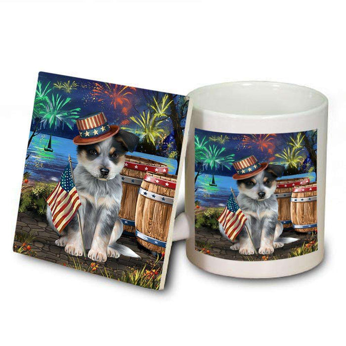 4th of July Independence Day Fireworks Blue Heeler Dog at the Lake Mug and Coaster Set MUC51097