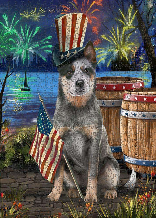4th of July Independence Day Fireworks Blue Heeler Dog at the Lake Puzzle with Photo Tin PUZL57171