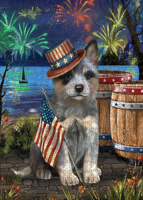 4th of July Independence Day Fireworks Blue Heeler Dog at the Lake Puzzle with Photo Tin PUZL57174