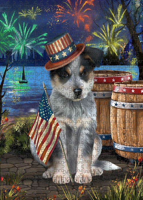 4th of July Independence Day Fireworks Blue Heeler Dog at the Lake Puzzle with Photo Tin PUZL57177