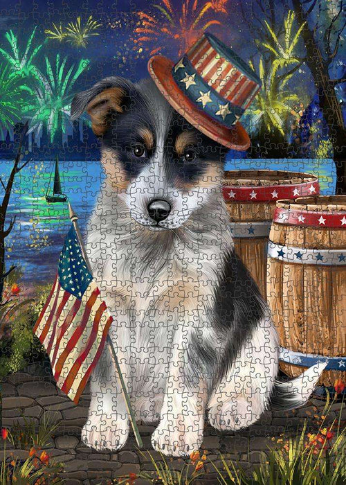 4th of July Independence Day Fireworks Blue Heeler Dog at the Lake Puzzle with Photo Tin PUZL57183