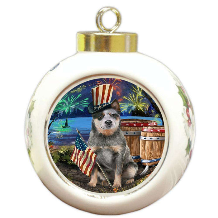 4th of July Independence Day Fireworks Blue Heeler Dog at the Lake Round Ball Christmas Ornament RBPOR51103