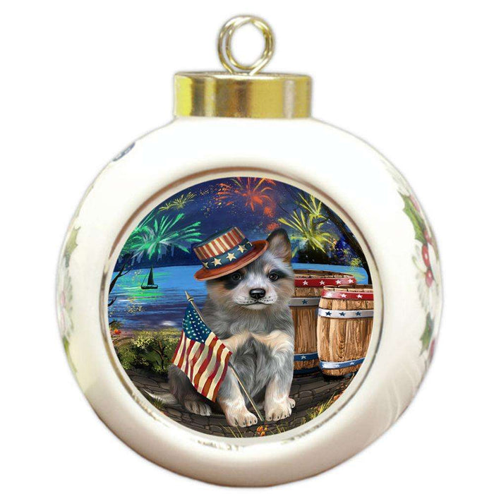 4th of July Independence Day Fireworks Blue Heeler Dog at the Lake Round Ball Christmas Ornament RBPOR51104