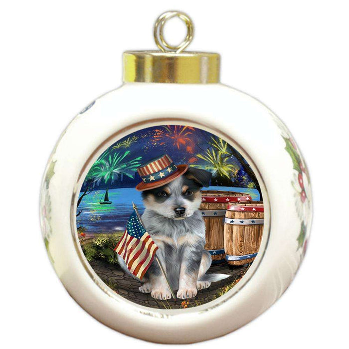 4th of July Independence Day Fireworks Blue Heeler Dog at the Lake Round Ball Christmas Ornament RBPOR51105