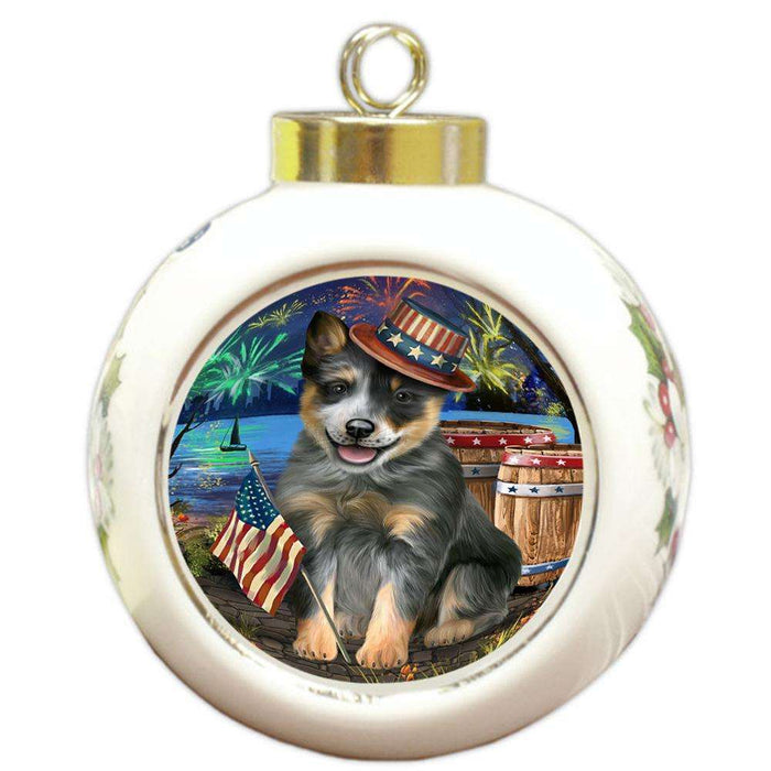 4th of July Independence Day Fireworks Blue Heeler Dog at the Lake Round Ball Christmas Ornament RBPOR51106