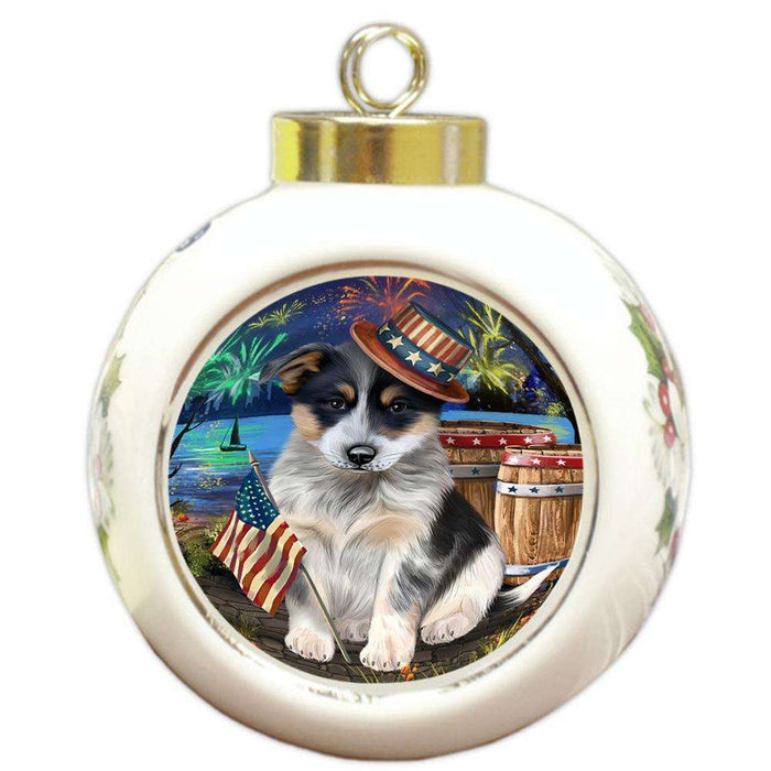 4th of July Independence Day Fireworks Blue Heeler Dog at the Lake Round Ball Christmas Ornament RBPOR51107