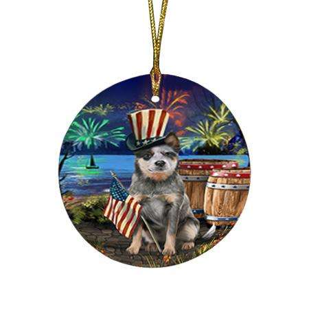 4th of July Independence Day Fireworks Blue Heeler Dog at the Lake Round Flat Christmas Ornament RFPOR51094
