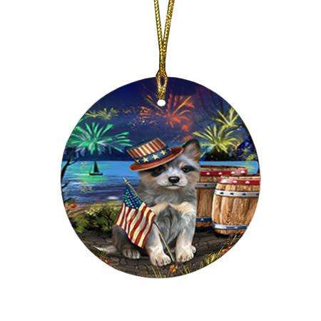 4th of July Independence Day Fireworks Blue Heeler Dog at the Lake Round Flat Christmas Ornament RFPOR51095