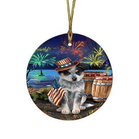 4th of July Independence Day Fireworks Blue Heeler Dog at the Lake Round Flat Christmas Ornament RFPOR51096
