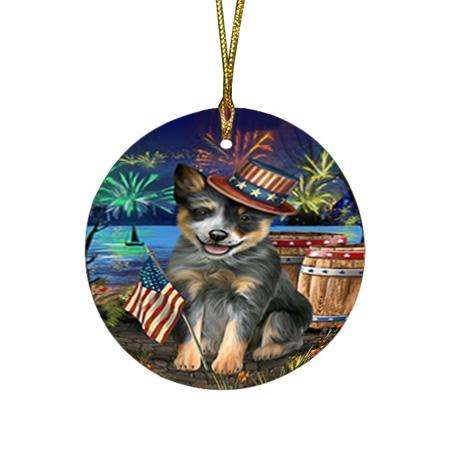4th of July Independence Day Fireworks Blue Heeler Dog at the Lake Round Flat Christmas Ornament RFPOR51097