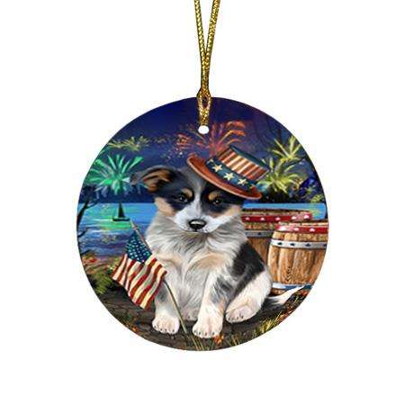 4th of July Independence Day Fireworks Blue Heeler Dog at the Lake Round Flat Christmas Ornament RFPOR51098
