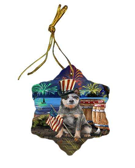 4th of July Independence Day Fireworks Blue Heeler Dog at the Lake Star Porcelain Ornament SPOR51095