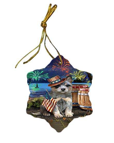 4th of July Independence Day Fireworks Blue Heeler Dog at the Lake Star Porcelain Ornament SPOR51096