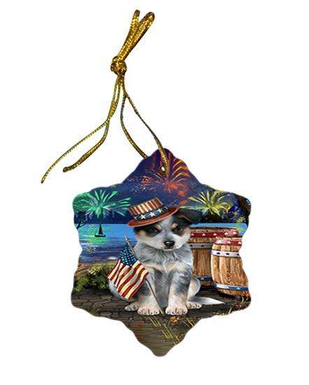 4th of July Independence Day Fireworks Blue Heeler Dog at the Lake Star Porcelain Ornament SPOR51097
