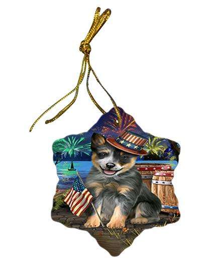 4th of July Independence Day Fireworks Blue Heeler Dog at the Lake Star Porcelain Ornament SPOR51098