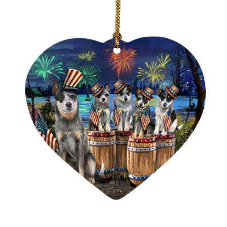 4th of July Independence Day Fireworks Blue Heelers at the Lake Heart Christmas Ornament HPOR51017