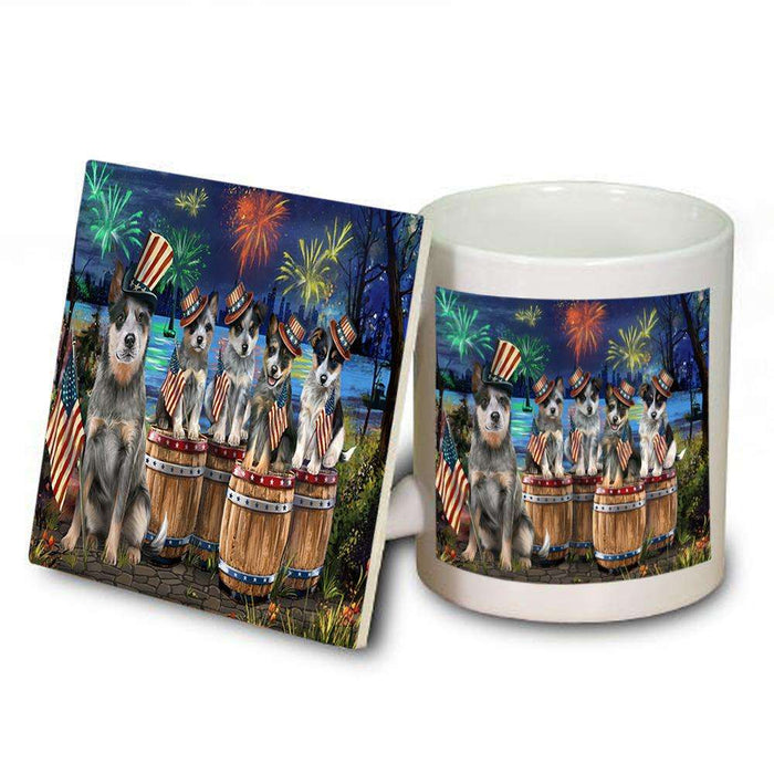 4th of July Independence Day Fireworks Blue Heelers at the Lake Mug and Coaster Set MUC51009