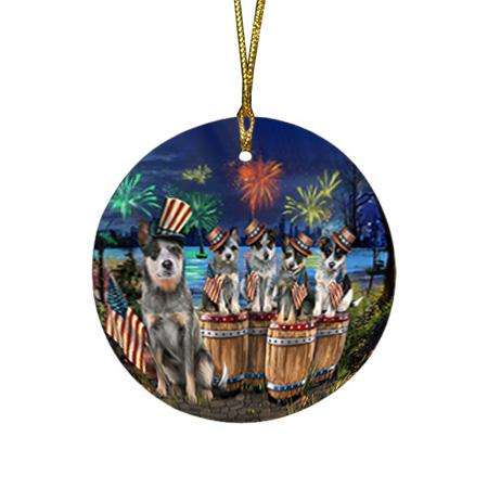 4th of July Independence Day Fireworks Blue Heelers at the Lake Round Flat Christmas Ornament RFPOR51008