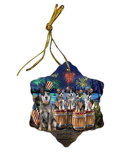 4th of July Independence Day Fireworks Blue Heelers at the Lake Star Porcelain Ornament SPOR51009