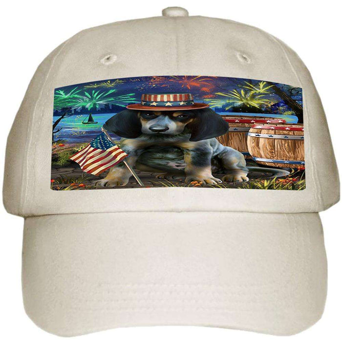 4th of July Independence Day Fireworks Bluetick Coonhound Dog at the Lake Ball Hat Cap HAT57066