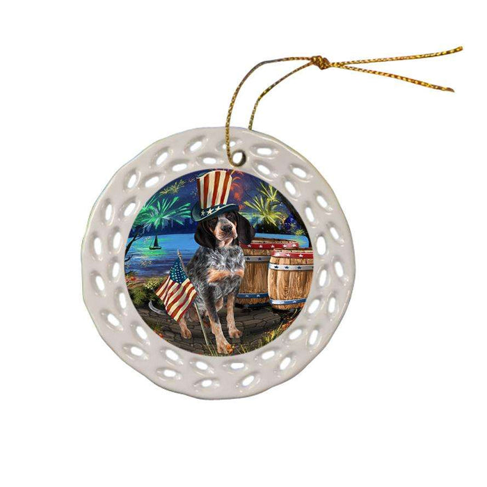 4th of July Independence Day Fireworks Bluetick Coonhound Dog at the Lake Ceramic Doily Ornament DPOR51108