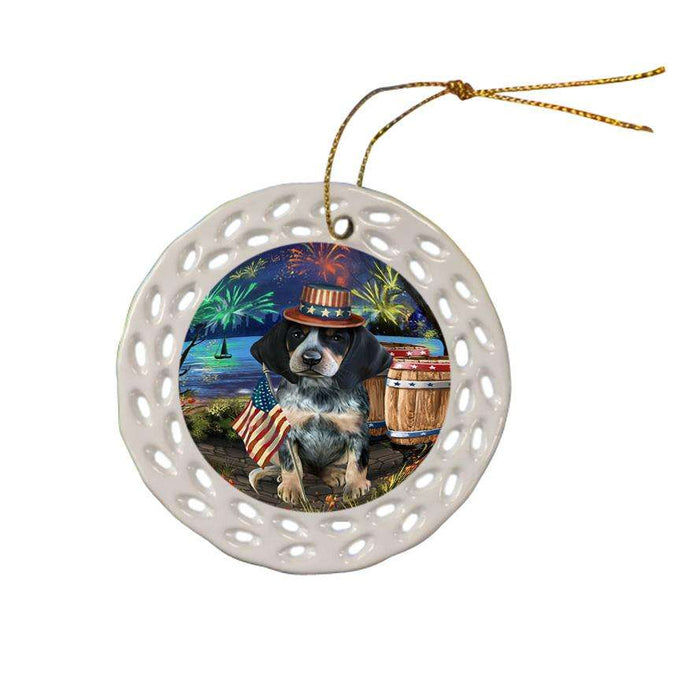 4th of July Independence Day Fireworks Bluetick Coonhound Dog at the Lake Ceramic Doily Ornament DPOR51110