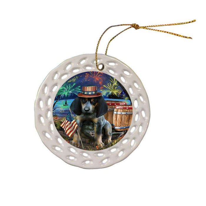 4th of July Independence Day Fireworks Bluetick Coonhound Dog at the Lake Ceramic Doily Ornament DPOR51111