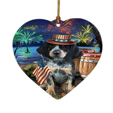 4th of July Independence Day Fireworks Bluetick Coonhound Dog at the Lake Heart Christmas Ornament HPOR51110