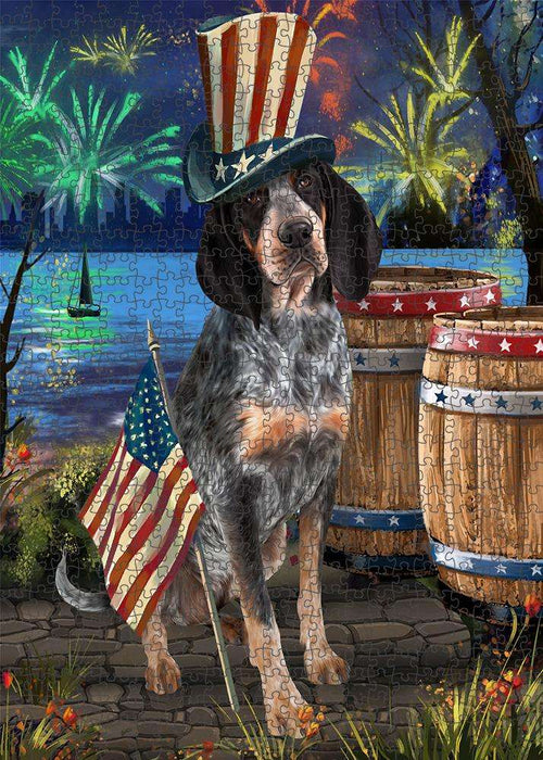4th of July Independence Day Fireworks Bluetick Coonhound Dog at the Lake Puzzle with Photo Tin PUZL57186