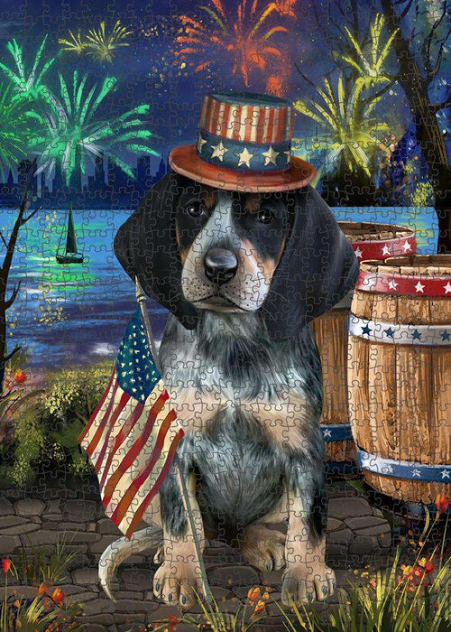 4th of July Independence Day Fireworks Bluetick Coonhound Dog at the Lake Puzzle with Photo Tin PUZL57192