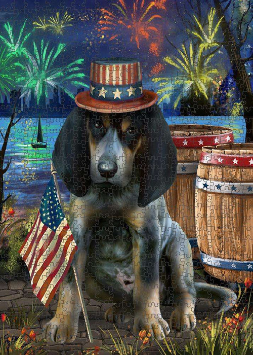 4th of July Independence Day Fireworks Bluetick Coonhound Dog at the Lake Puzzle with Photo Tin PUZL57195